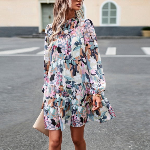 Women's printed dress, elegant long-sleeved short skirt
