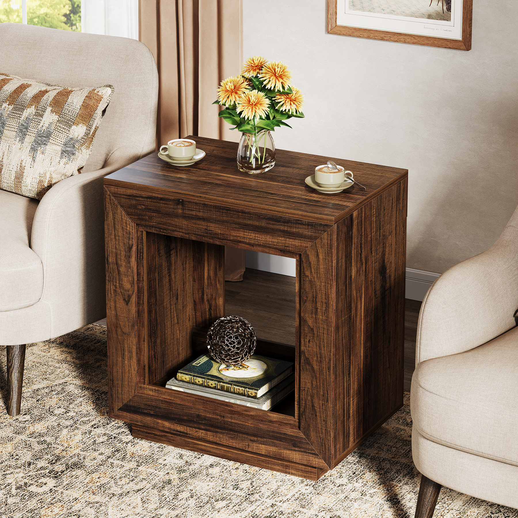Fnova End Table Farmhouse Square Side Table with Storage, Wooden Sofa Table with Central Hollow Design, Modern Bedside Table, Easy Assembly, for Living Room, Bedroom, Nightstand, Dark Walnut