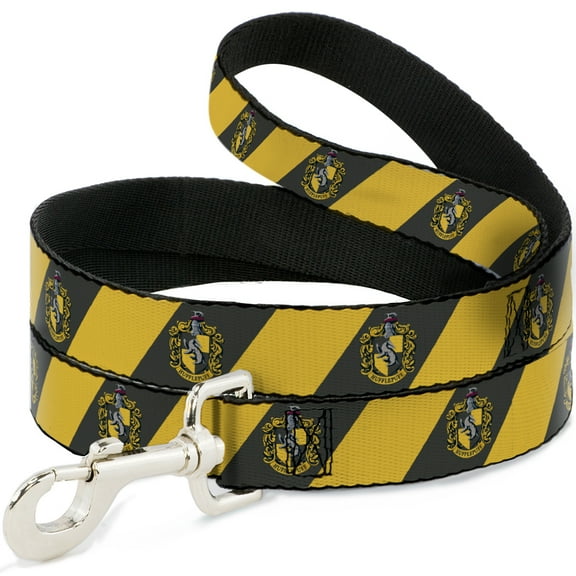 The Wizarding World of Harry Potter Pet Leash, Dog Leash, Hufflepuff Crest Diagonal Stripe Charcoal Gray Yellow, 4 Feet Long 0.5 Inch Wide