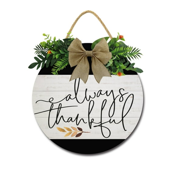 Always Thankful Sign Front Door Porch Decorations, Round Rustic Wood Hanging Sign for Farmhouse Porch Outdoor Home Holiday Front Door Sign Decor