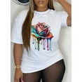 thumbnail image 1 of Rose Print Crew Neck T-shirt, Casual Short Sleeve Tee For Spring & Summer, Women's Clothing, 1 of 8