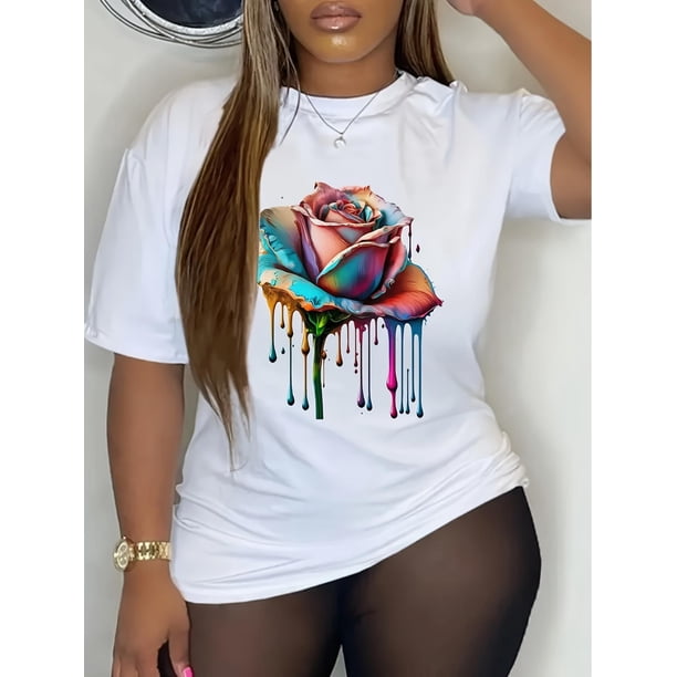 Rose Print Crew Neck T-shirt, Casual Short Sleeve Tee For Spring & Summer, Women's ClothingFather's Camisetas para mujer, lindas camisetas con estampado gráfico, de manga corta, estilo casual, para ve