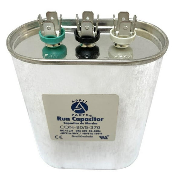 Appli Parts Dual Run Capacitor for ac 80 5 Mfd uF (microfarads) 370VAC CBB65 Oval Universal fit for hvac and other applications 3-1/2in Wide 1-3/4in Depth 4-3/4in High CON-80/5-370