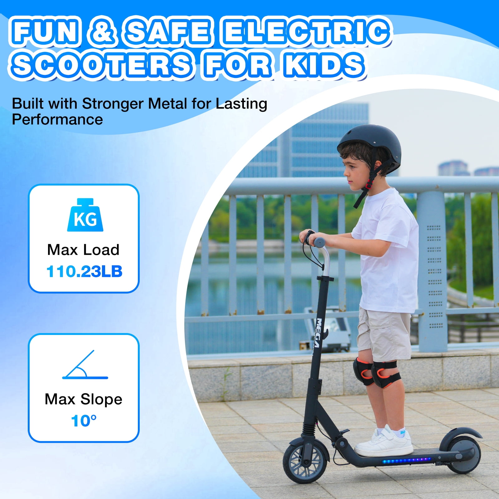 Mega Motion ME1 Electric Kids Scooter – Children and Toddler Foldable Kick Scooter – Adjustable Handlebar – Indoor and Outdoor - 3 Speed ​​Adjustment, with LED Lights & Rear Brake – Ages 6+