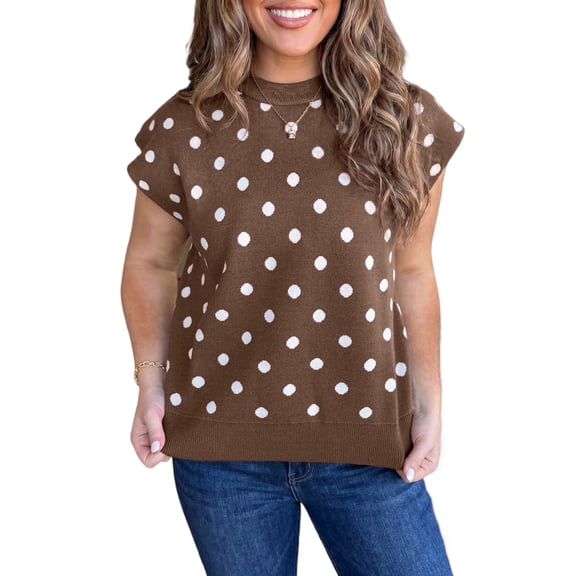 TinyCribz Women's Polka Dot Sweater, Casual Brown Short Sleeve Knit XL