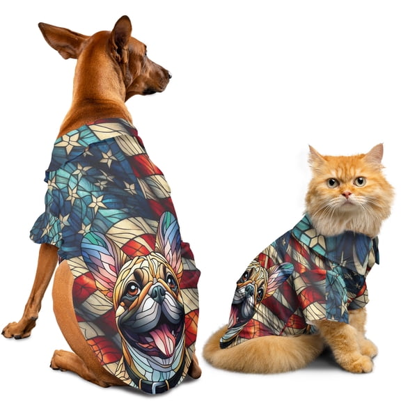 Patriotic French Bulldog Stained Glass Portrait American Flag Hawaiian Summer Shirt for Small Medium Large Dog Cat Dog Lover Gifts - 01010