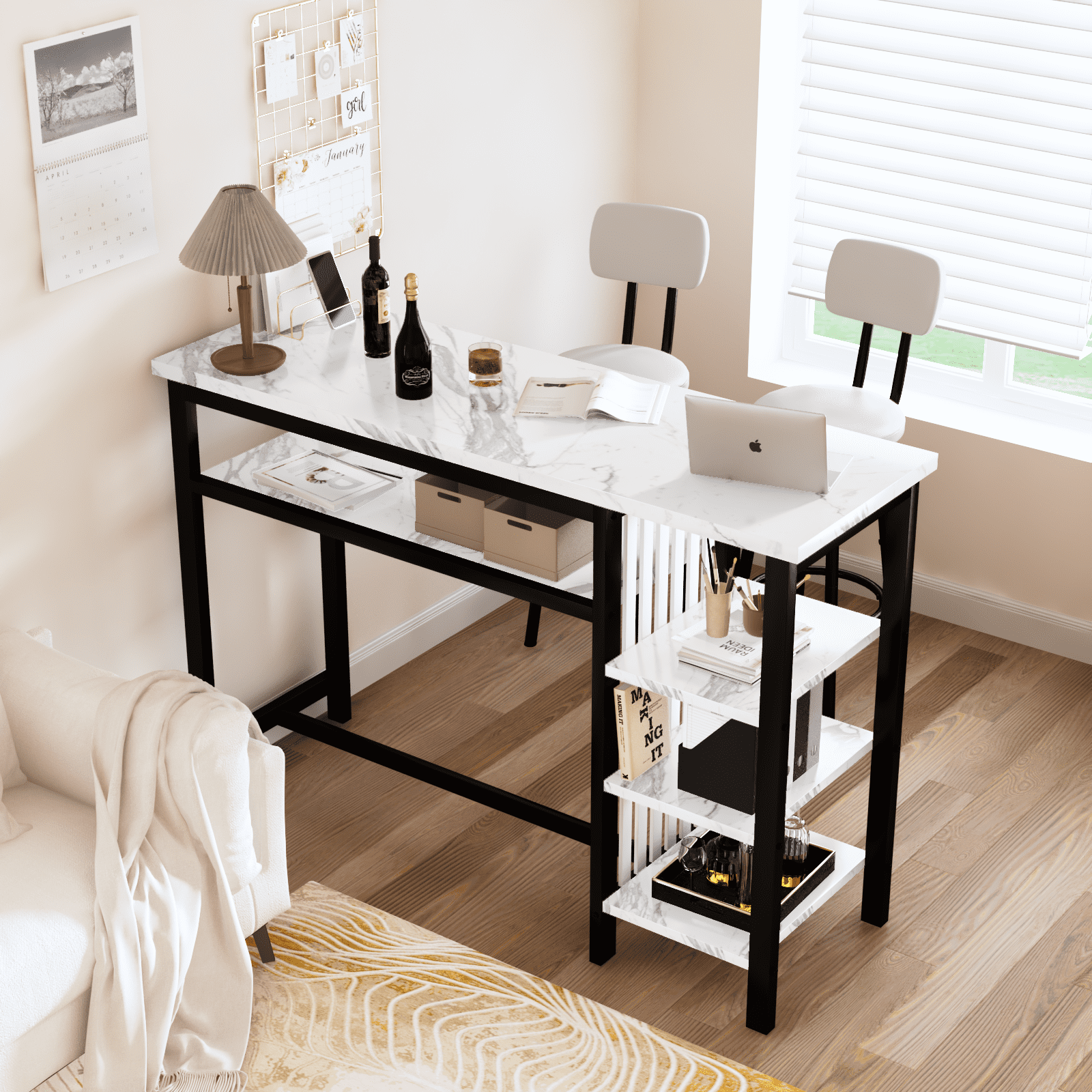 BAXLUXE Bar Table and Chairs Set for 2,Small Dining Table with Storage,Faux Marble High Kitchen Bar Table Breakfast Nook Set Eating Table, White