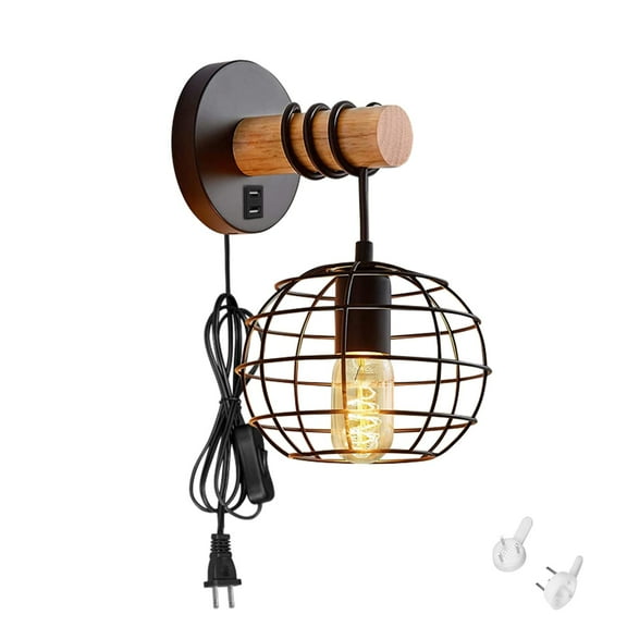 Kiven Plug in Wall Lamp, Industrial Black Wall Sconce with USB Port, 5.9ft Plug-in Cord, On/Off Switch, 1-Light Metal Wire Cage Lamp Guard Wall Light Fixture for Bedside Reading E26 Socket