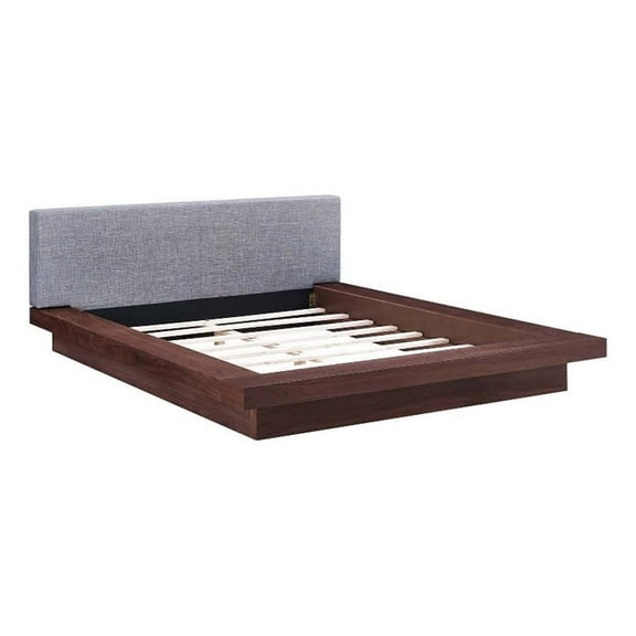 Pemberly Row Queen Wood Polyester Fabric Platform Bed in Walnut/Gray
