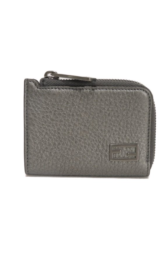 Pre-Owned Fendi coin case, zip purse, Cuoio Roma, metallic gray, L-shaped FF logo, graphite,...