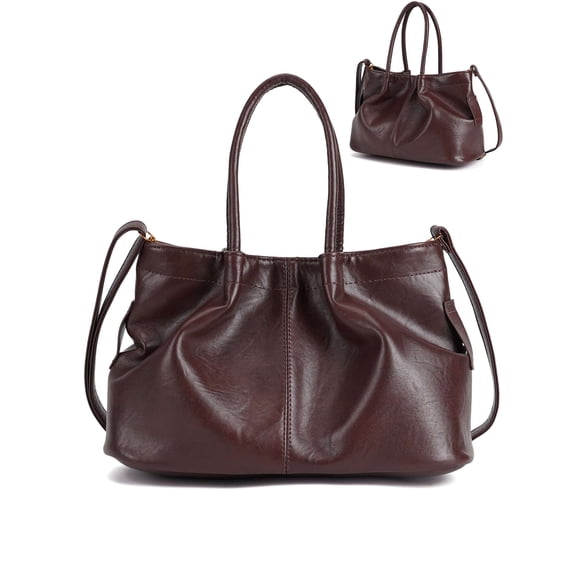 Gustave Women PU Leather Tote Bag Vintage Ruched Crossbody Shoulder Handbag Purse Top Handle Satchel for Daily Work Travel - Coffee