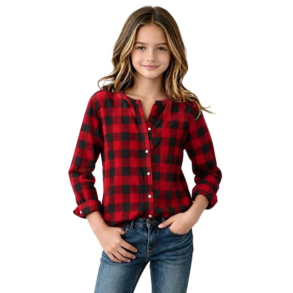 OGLCCG Girls Plaid Button Down Shirts Crewneck Long Sleeve Gingham Tops Kids School Uniform Dress Shirts(Red,8-10 Years)