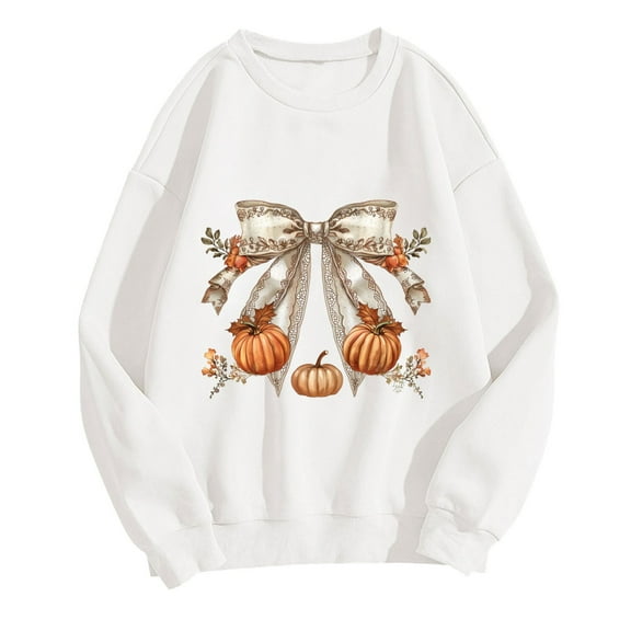 WREESH Trendy Fall Sweatshirts for Women 2025, Bow Printed Crewneck Sweatshirts, Loose Casual Pullover Tops Teen Girl Clothes White