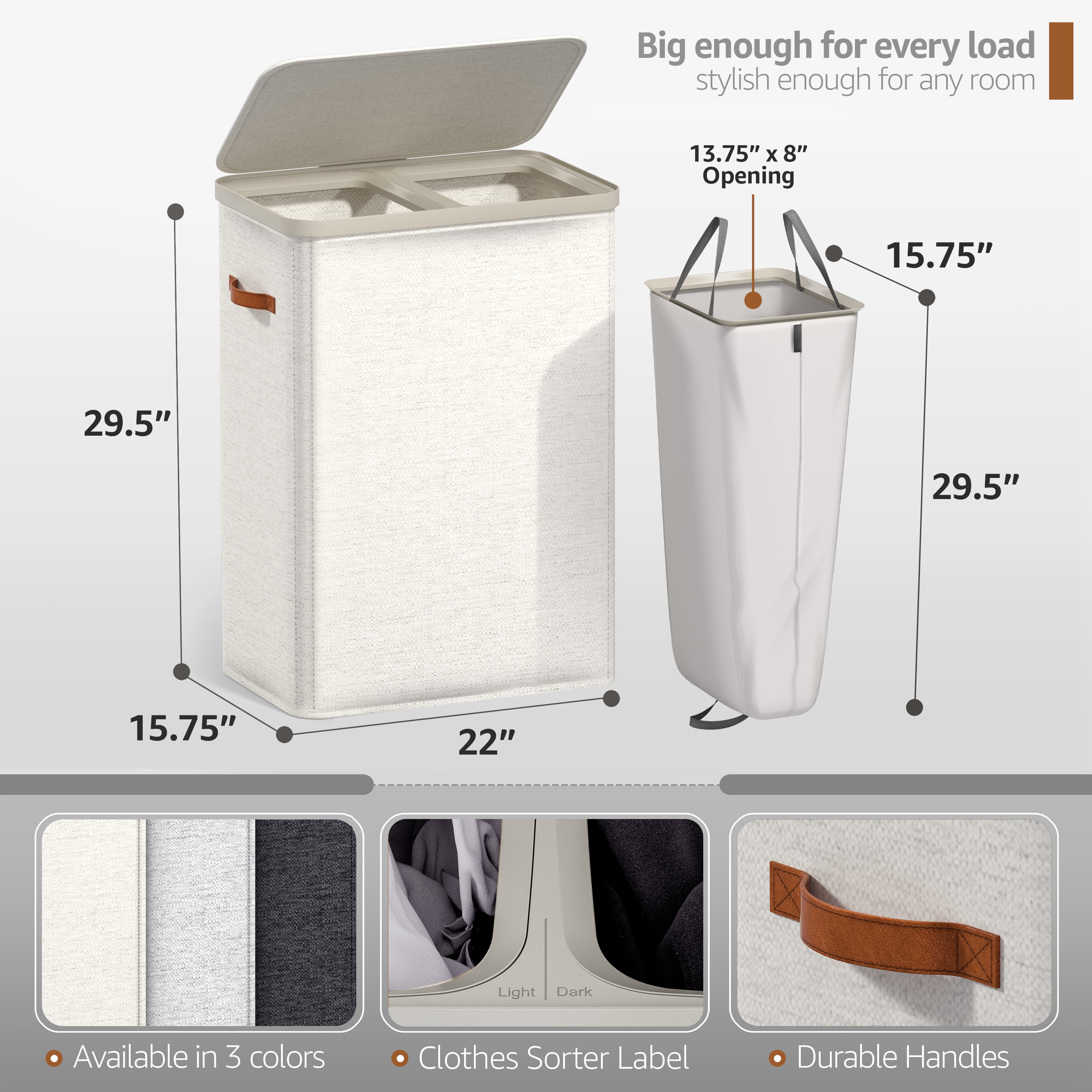 Sorbus Collapsible Fabric Laundry Hamper with Removable Bag, 2-Compartment, Beige