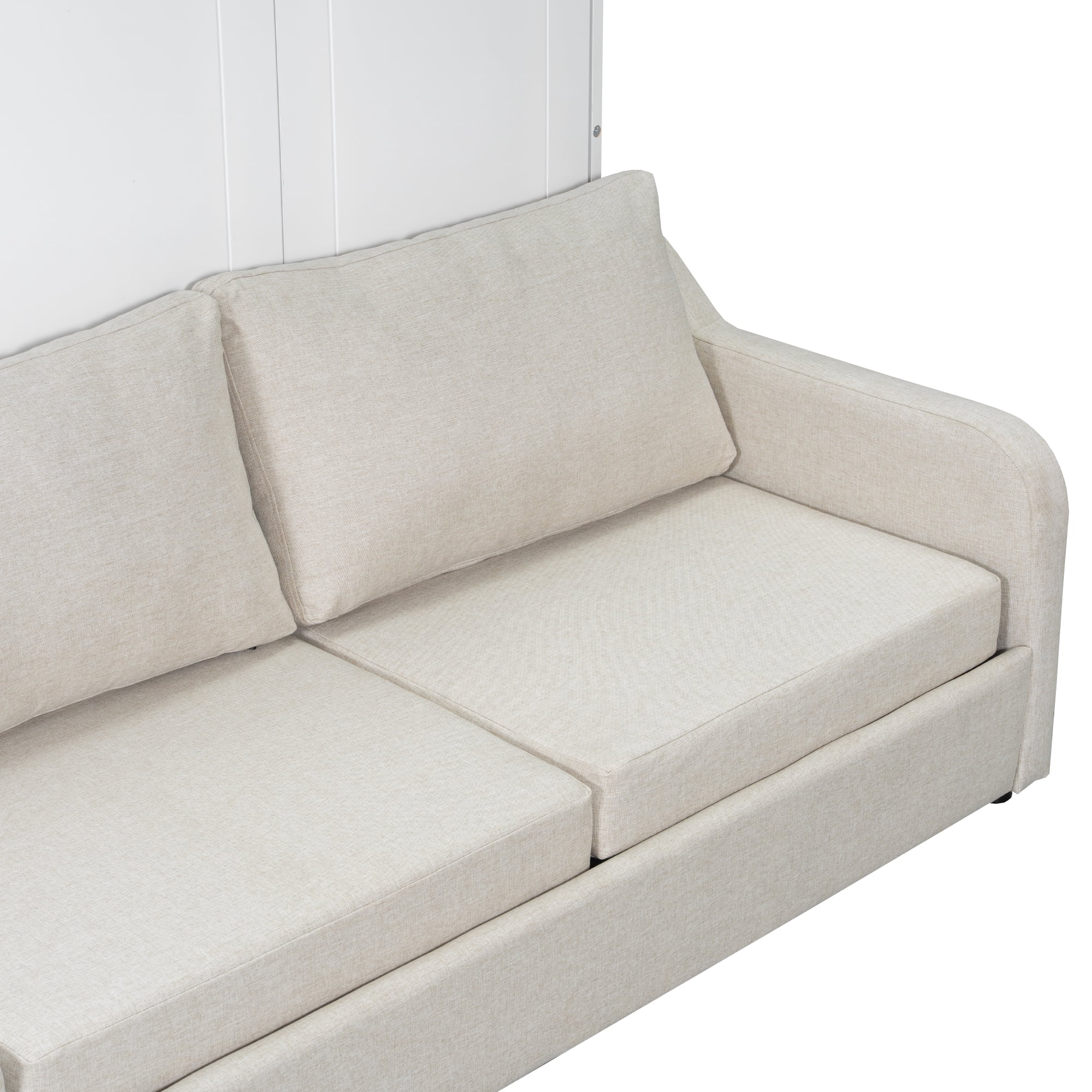 Queen Size Murphy Cabinet Bed with Folding Sofa, Built-in Storage Shelves and LED Light, Beige