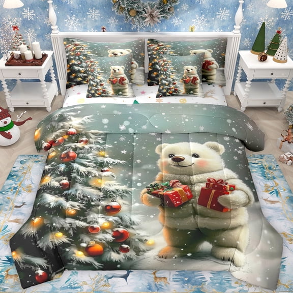 Castle Fairy Cartoon White Bear Twin Bedding Sets 7-Piece for Boys Girls,Happy New Year Bedding Comforter Set Microfiber,Merry Christmas Breathable Sheet Sets,Ultra Soft Home Decor,Reversible