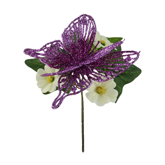 Mainstays 8in Outdoor Artificial Floral Pick, Camellia Flower, Purple Color, Butterfly Decoration.