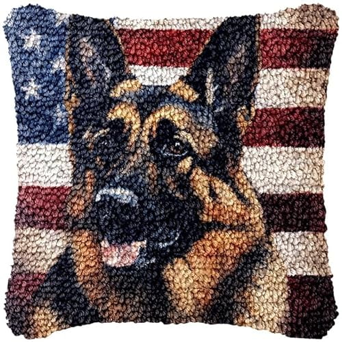 German Shepherd & Flag Latch Hook Pillow Kits DIY Pillowcase Cushtion Cover Crochet Hooking Pillow Making Kits Color Pattern Canvas Crochet Hooking Kits DIY Latch Hook Kits 43x43cm(u46)