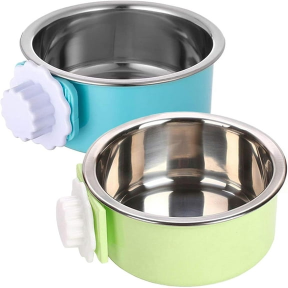 ZYHH Crate Dog Bowl, Removable Stainless Steel Hanging Pet Kennel Cage Bowl Food & Water Feeder Coop Cup for Puppy, Cat, Rabbit, Guinea Pigs Ferret Bird (2 PCS, Size: M, Blue and Green)