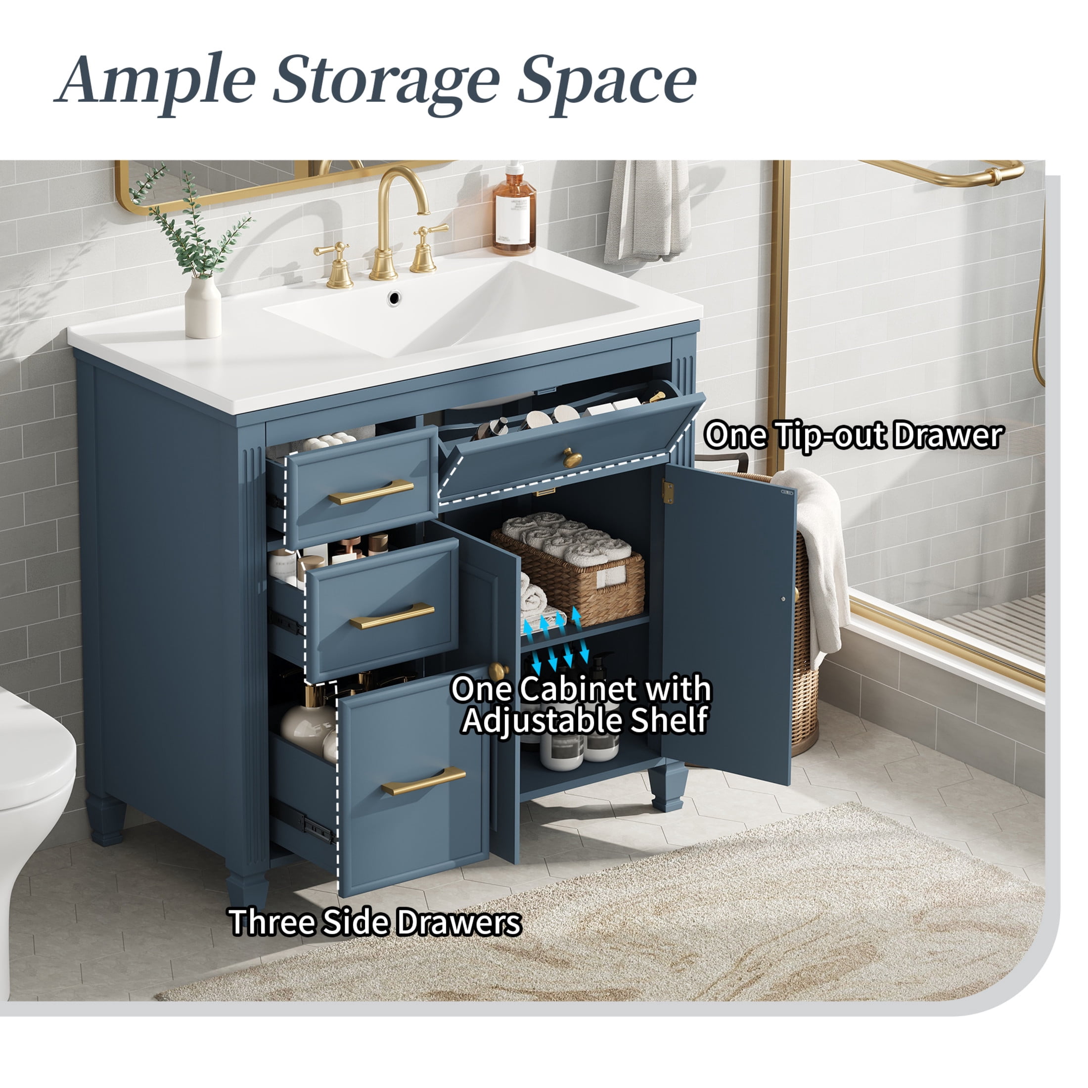 Christopher Knight Home 36" Bathroom Vanity with Ceramic Sink, Adjustable Shelf, Gray Blue