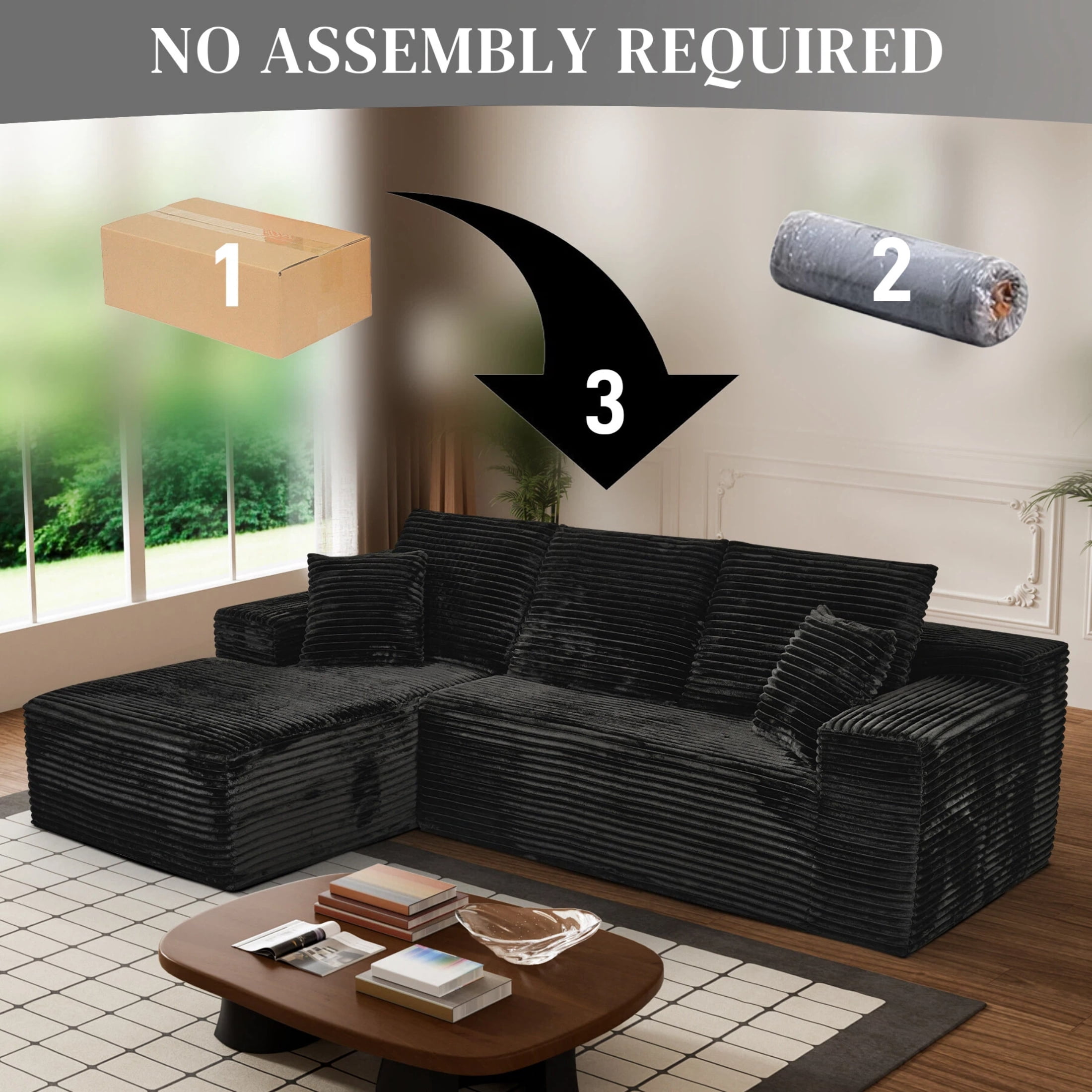 AISWORD 107.5" Corduroy Boneless L Shaped Modular Sectional Sofa with Left Facing Chaise, Deep Seat Compressed Couch with Throw Pillows, No Assembly Required, Black