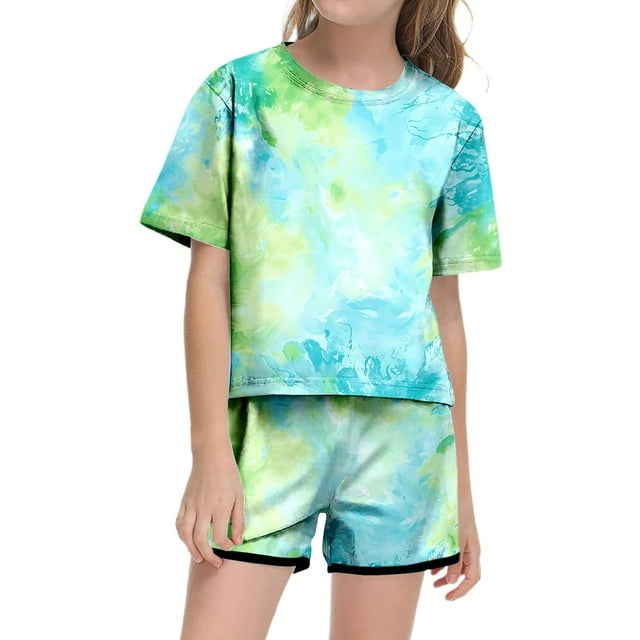Conjunto de verano para niña REDARER con efecto tie-dye: top de manga corta con bolsillo y pantalones cortos transpirables, ropa informal ligera, talla 6-7 años
