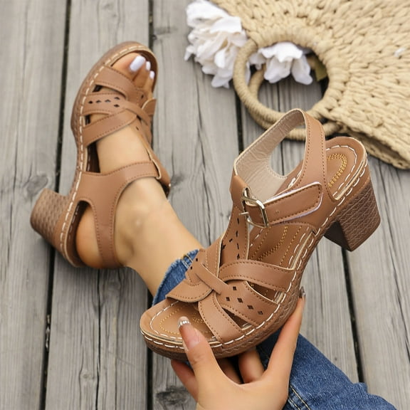 Womens Sandals Dressy Oofos On Sale Women's Fashion Casual Spring And Summer Beach Versatile Solid Color Fish Mouth One-Line Buckle Thick Heel High Heel Sandals Brown
