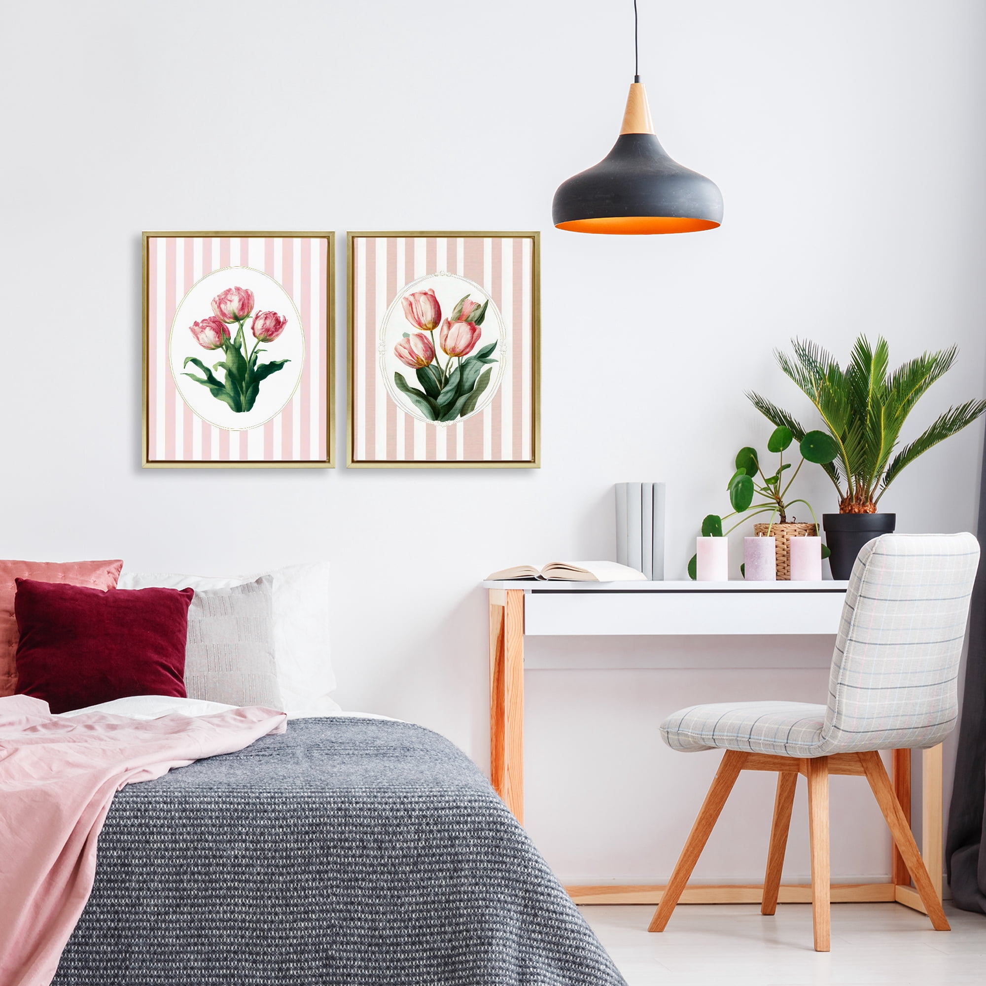 Stupell Industries Blush Tulips on Stripes 2 Piece Gold Framed Floater Canvas Set, design by Ink Drop Loft