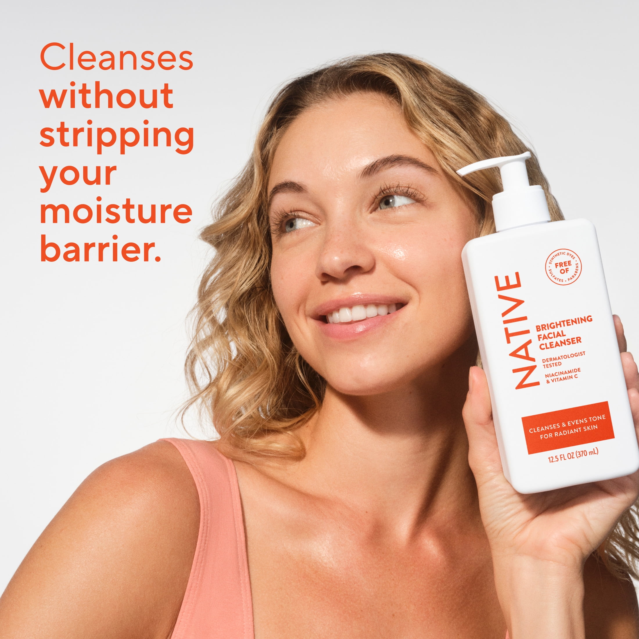 Native Brightening Face Wash, for Normal Combination Skin, Sulfate Free, with Niacinamide and Vitamin C, Dermatologist Tested, 12.5fl oz