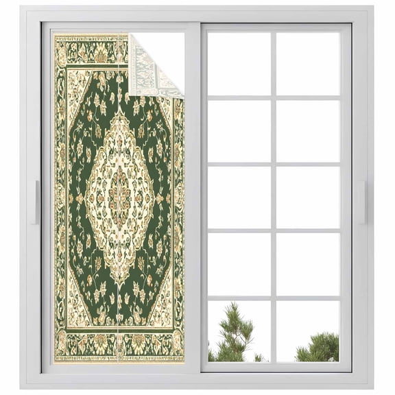 Vintage Ethnic Floral Window Privacy Film Retro Green Classical Bohemian Style Decorative Glass Window Film UV Blocking Static Cling Non-Adhesive Sticker Covering for Home Door 23.6 x 59 inches