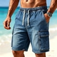 thumbnail image 2 of Hurxie Men's Drawstring Elastic Waist Flap Pocket Straight Cargo Jean Denim Shorts Dark Blue,M, 2 of 7