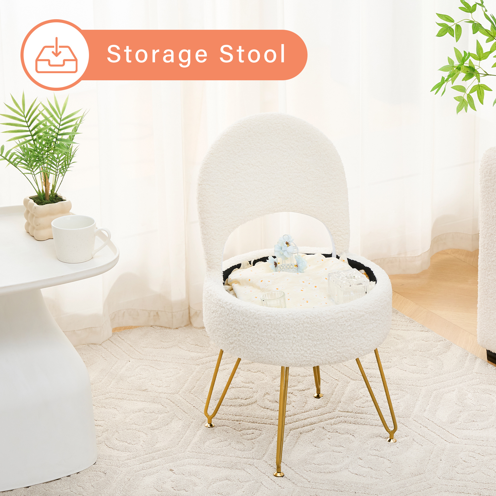 Casa Pura Furniture Modern Teddy Velvet Storage Ottoman with Folding Back, Round, White