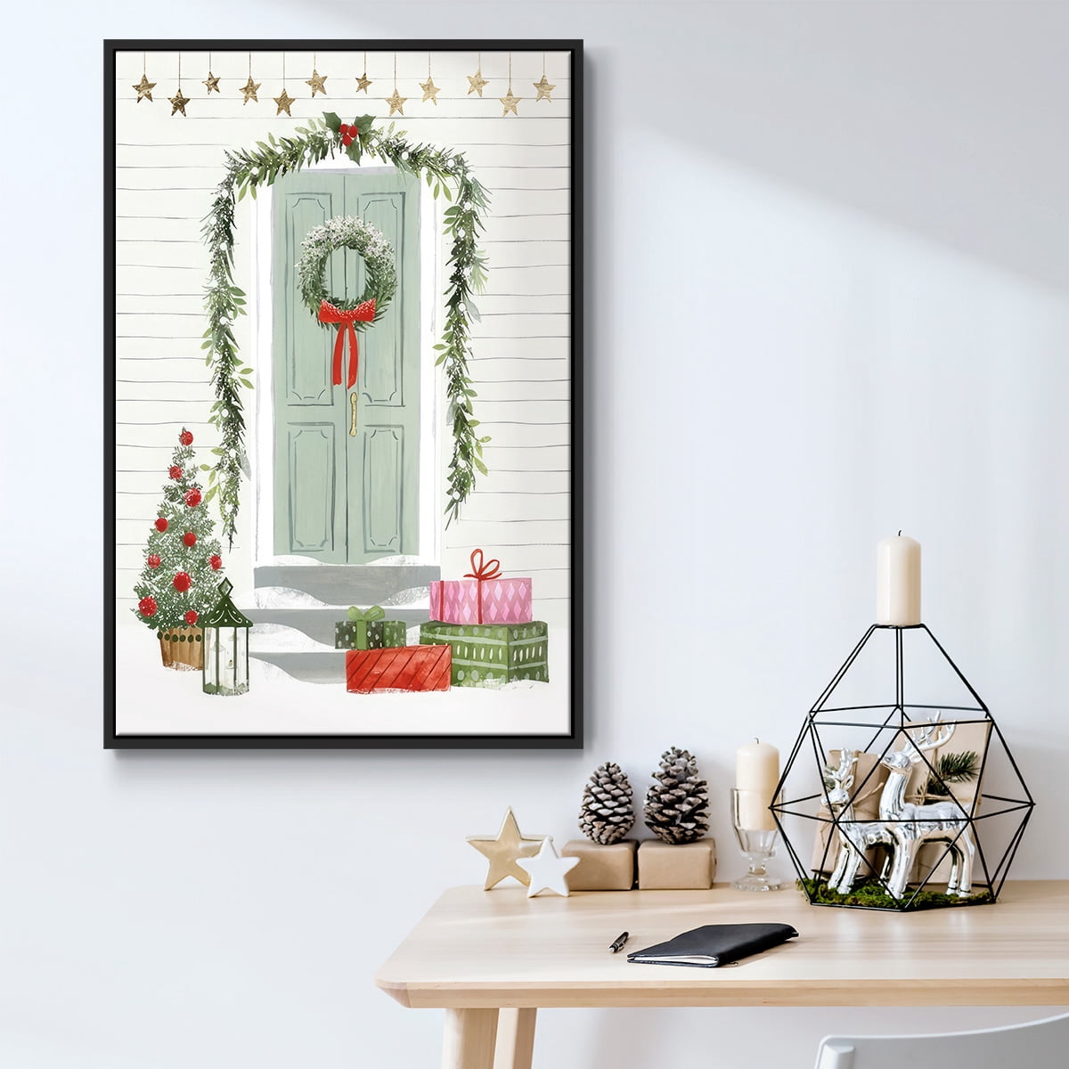Festive Front Door I - Framed Gallery Wrapped Holiday Canvas - 17 x 25 - Black Frame