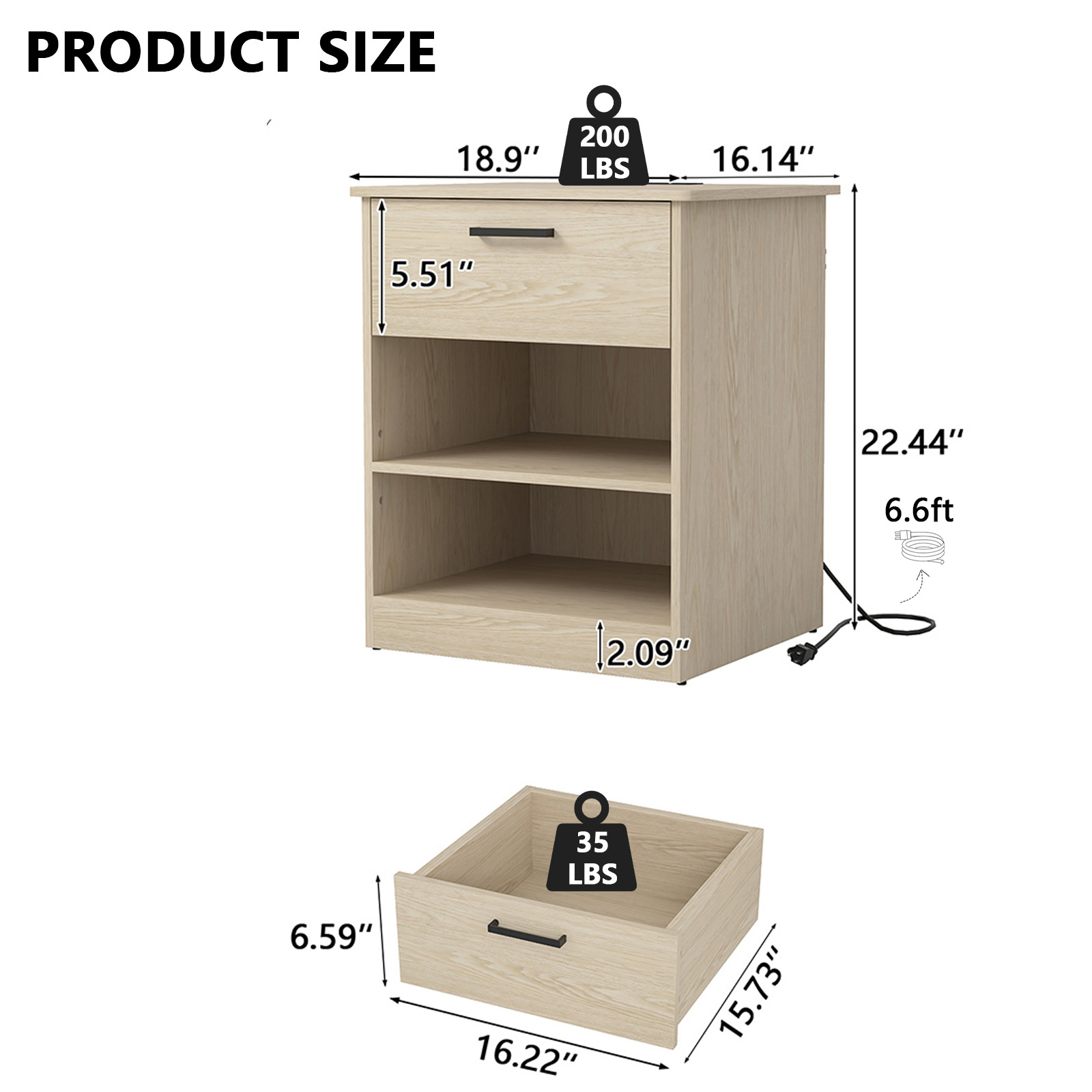 Hommoo Modern Nightstand with Charging Station, End Side Table Bedside Table with Drawer and Open Storage, Natrual