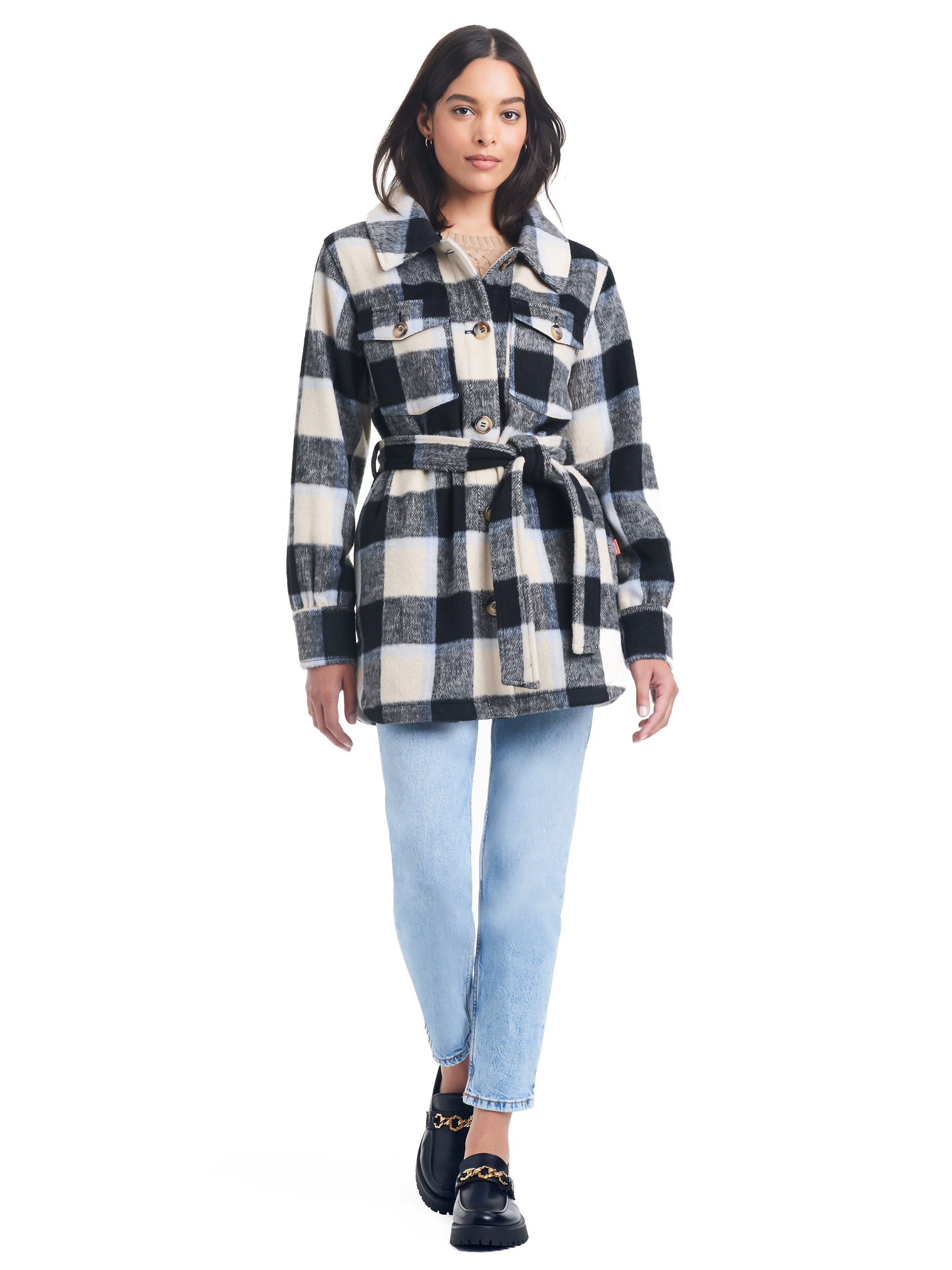Sam & Libby Ladies Long Sleeve Faux Wool Plaid Shacket
