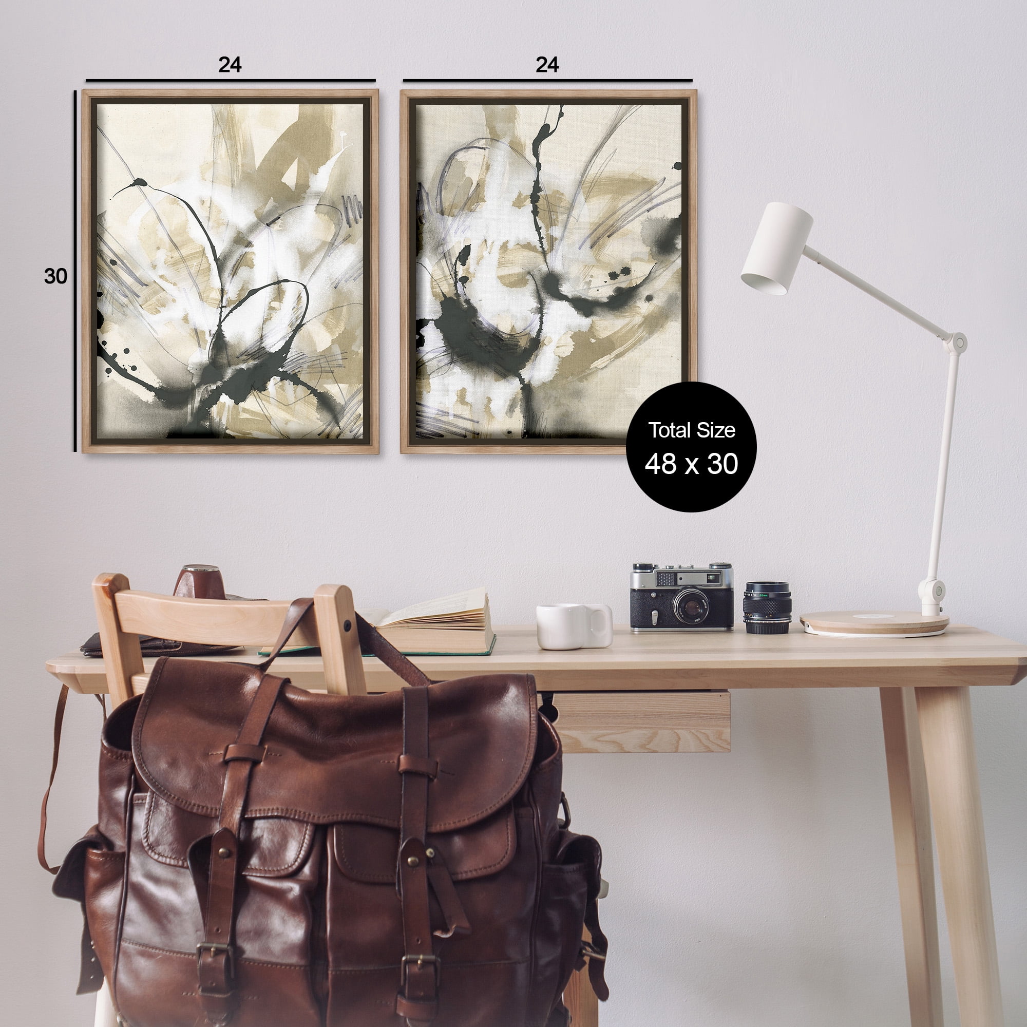 Stupell Industries Beige & Black Splatter Abstract Painting Brown Floater Framed Canvas Art Print Wall Art, 25 x 31, Set of 2