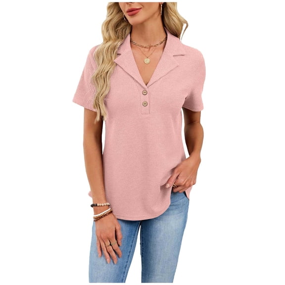 Xdegoge Casual Short Sleeve Collared Shirt for Women with Knit Texture - Solid Color Button-Down Collar Pullover Top