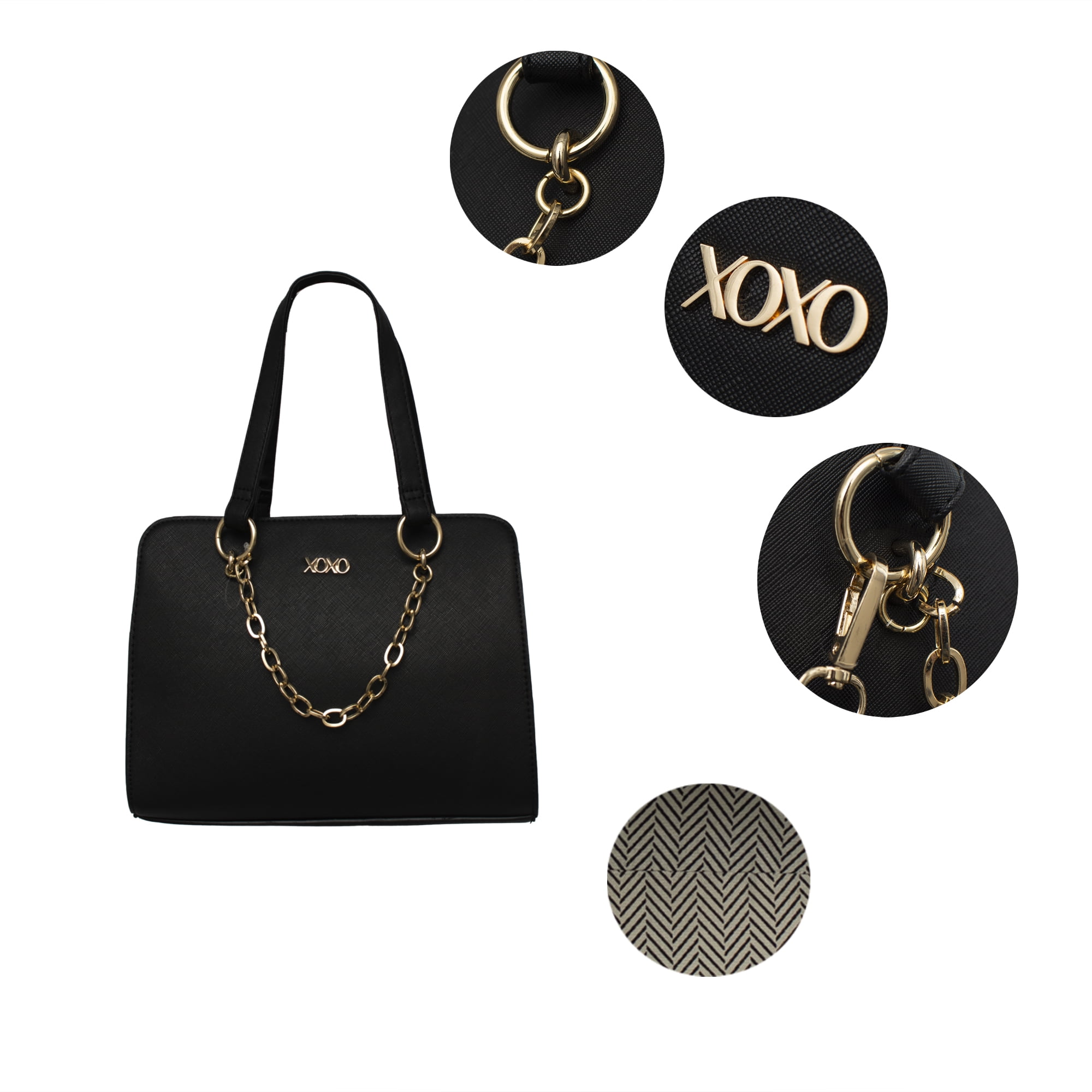 XOXO Women's Vegan Leather Large Black Double Handle Everyday Satchel with Chain
