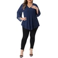 thumbnail image 2 of Agnes Orinda Plus Size Shirt for Women 3/4 Bell Sleeve V Neck Double Layers Chiffon Blouse Top 4X Navy Blue, 2 of 6