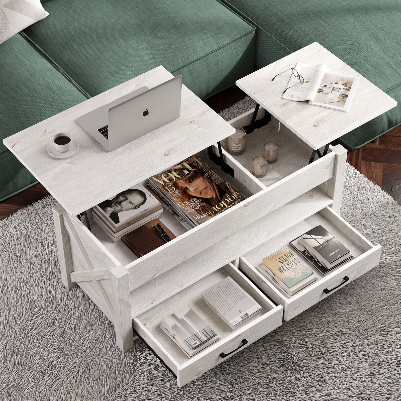 Greenstell Lift Top Coffee Table 47.2"with Drawers and Hidden Compartment,Gray