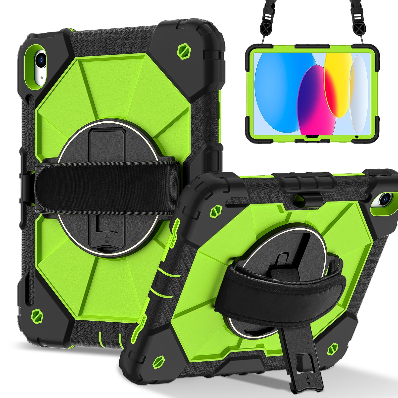 ELEHOLD Rugged Hybrid Case for iPad 11th Gen (A16) 2025 11-inch,with Built-in Kickstand 360° Rotating Handstrap Pencil Holder Crossbody Shoulder Strap Shockproof Heavy Duty Case,Black/Green