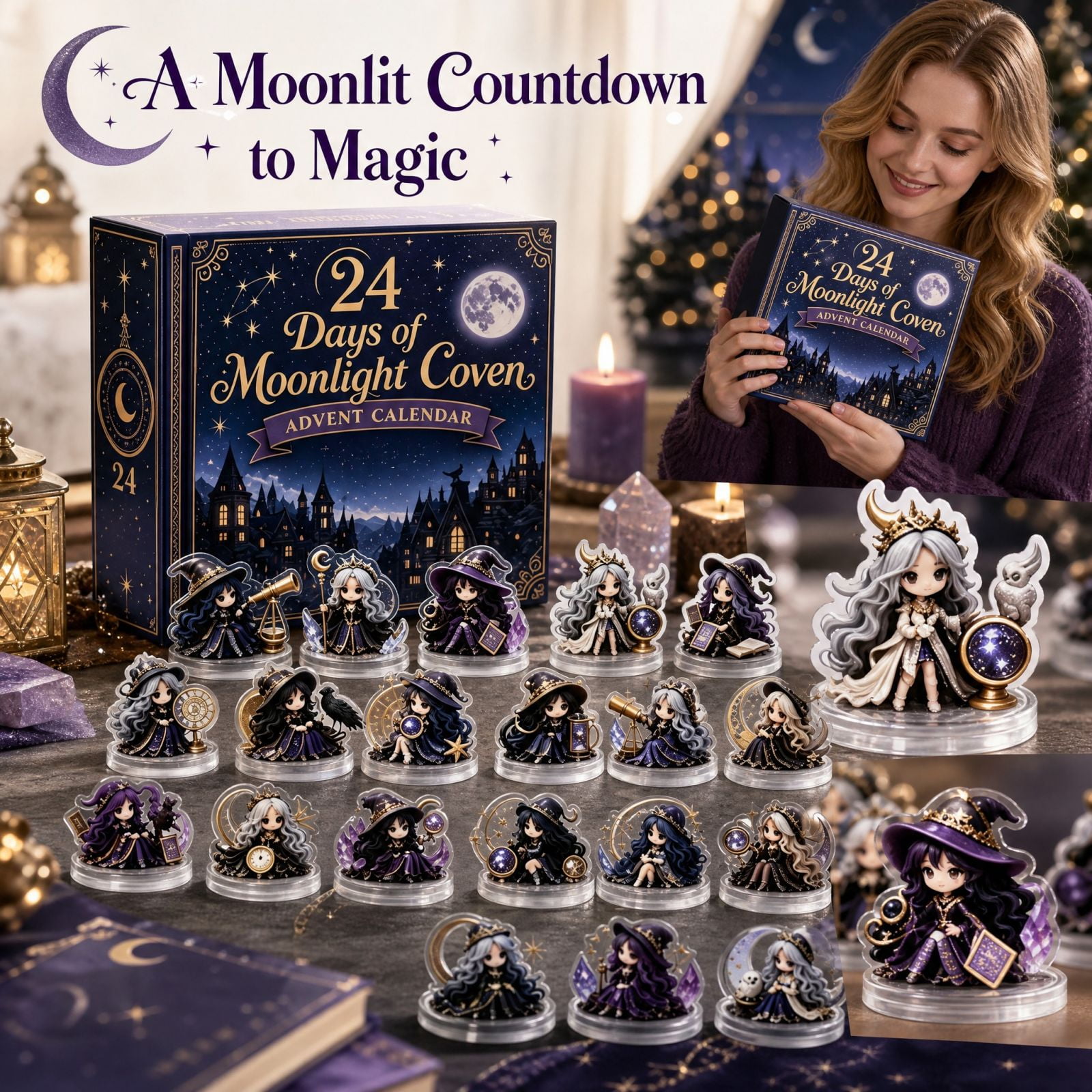 GrbtsrdWitchy Magic Christmas Advent Calendars Blind Box 24-Pack 2D Acrylic Pendants 24 Days of Moonlight Coven Party Favors Stocking Stuffers Office Party Gift Spooky Countdown Surprise