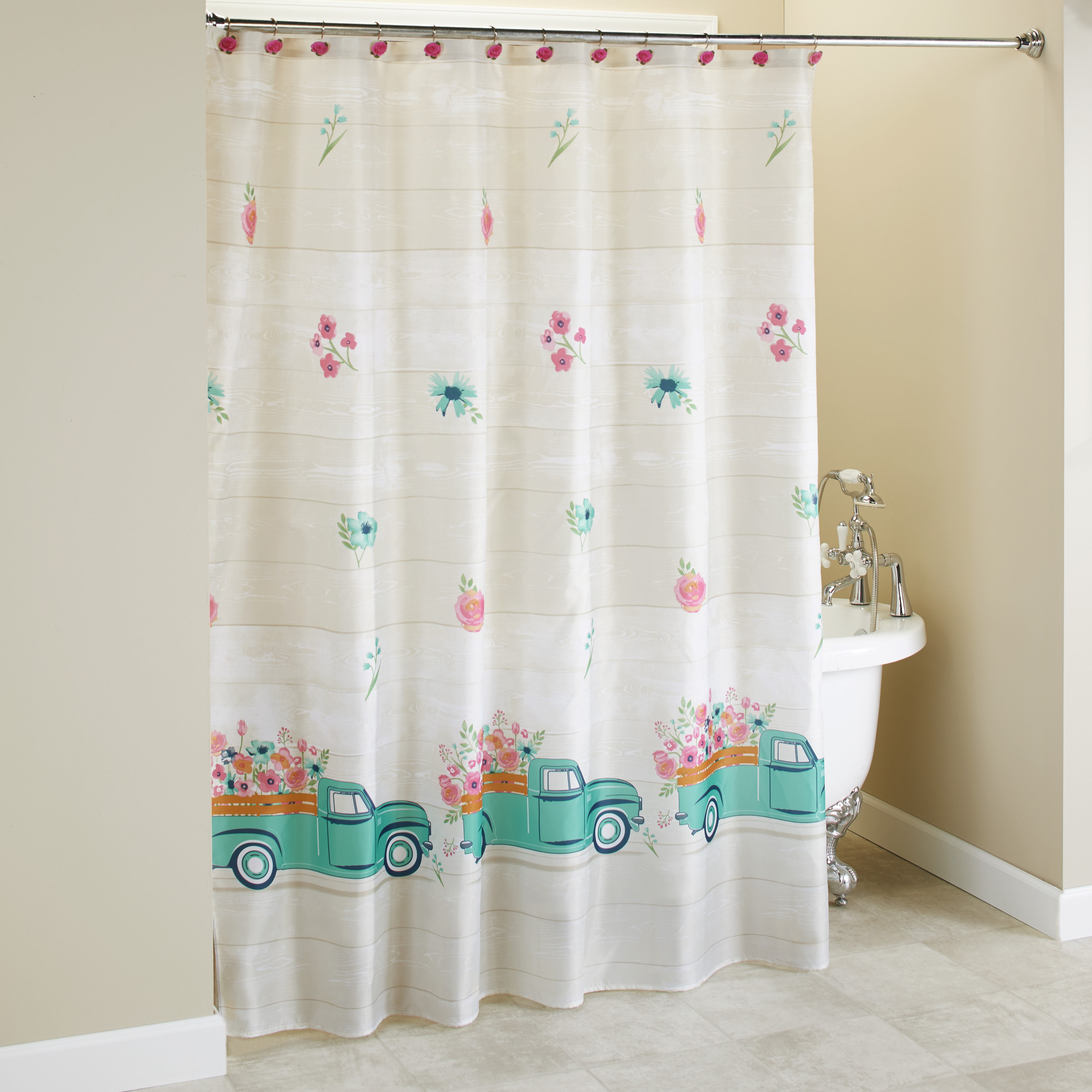 Spring Truck White Shower Curtain With, Spring Flower Shower Curtain
