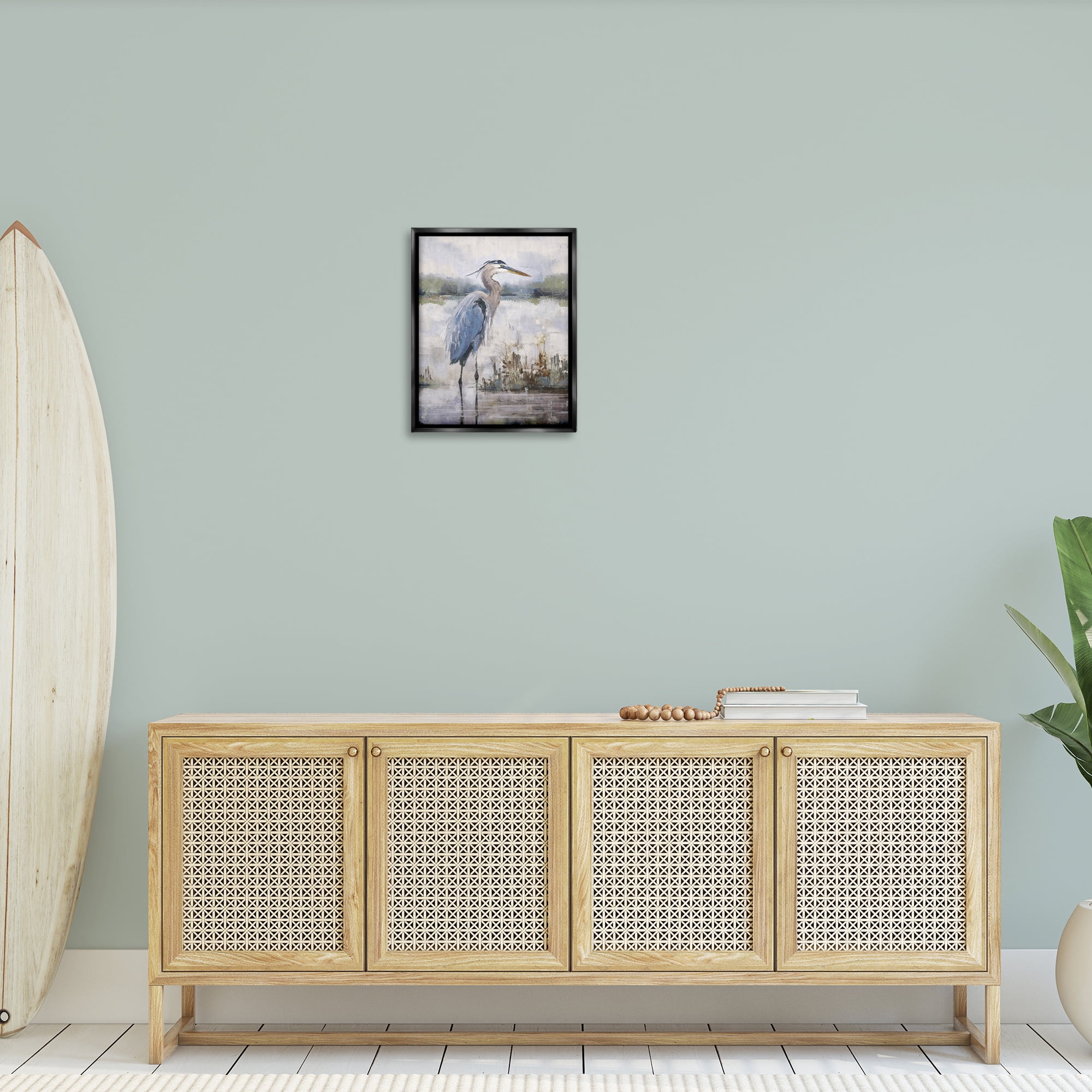 Stupell Industries Coastal Sea Heron Landscape & Nature Painting Black Floater Framed Canvas Art Print Wall Art, 17 x 21