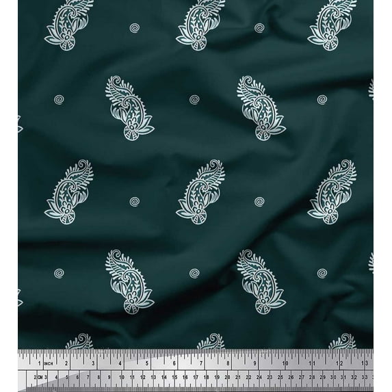 Soimoi Moss Georgette Fabric Spiral & Paisley Block Printed Fabric 1 Yard 42 Inch Wide