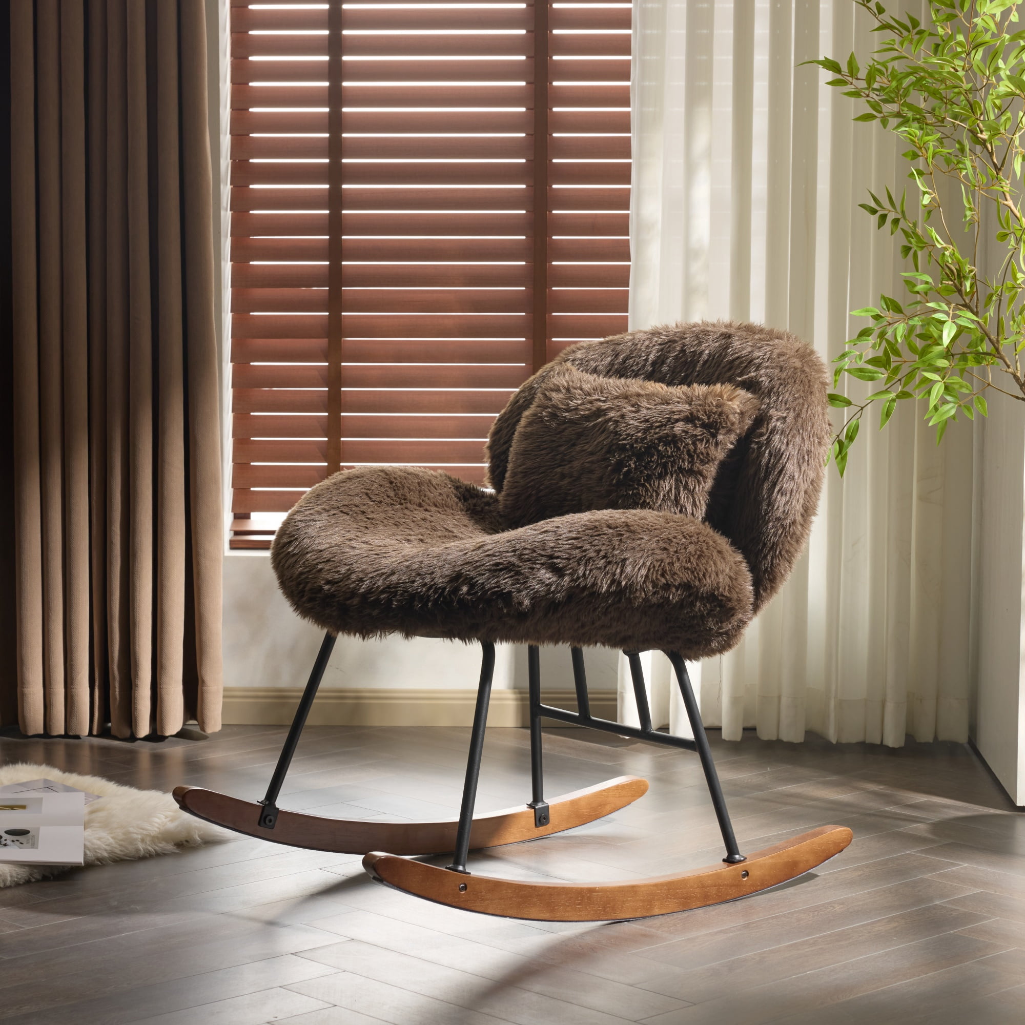 UBesGoo Nursery Rocking Chair, Modern Accent Chair with Padded Seat and Wooden Metal Frame, Long Pile Fabric Upholstered Glider Rocker, Comfy Nest Style, Coffee
