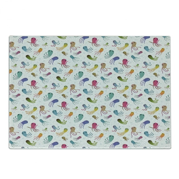 Octopus Cutting Board, Doodle Style Ocean Animals Maritime Themed Cartoon with Dotted Background, Decorative Tempered Glass Cutting and Serving Board, Small Size, Multicolor, by Ambesonne