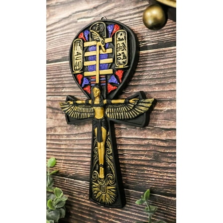 Egyptian Ankh of Isis Open Wings and Cartouche Hieroglyphs Wall Accent Decor