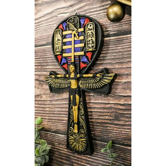 Egyptian Ankh of Isis Open Wings and Cartouche Hieroglyphs Wall Accent Decor