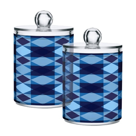 Ryvnso 2 Pack Qtip Holder Organizer Blue Checkered Grid Pattern Bathroom Cotton Swabs Cans Storage Canister